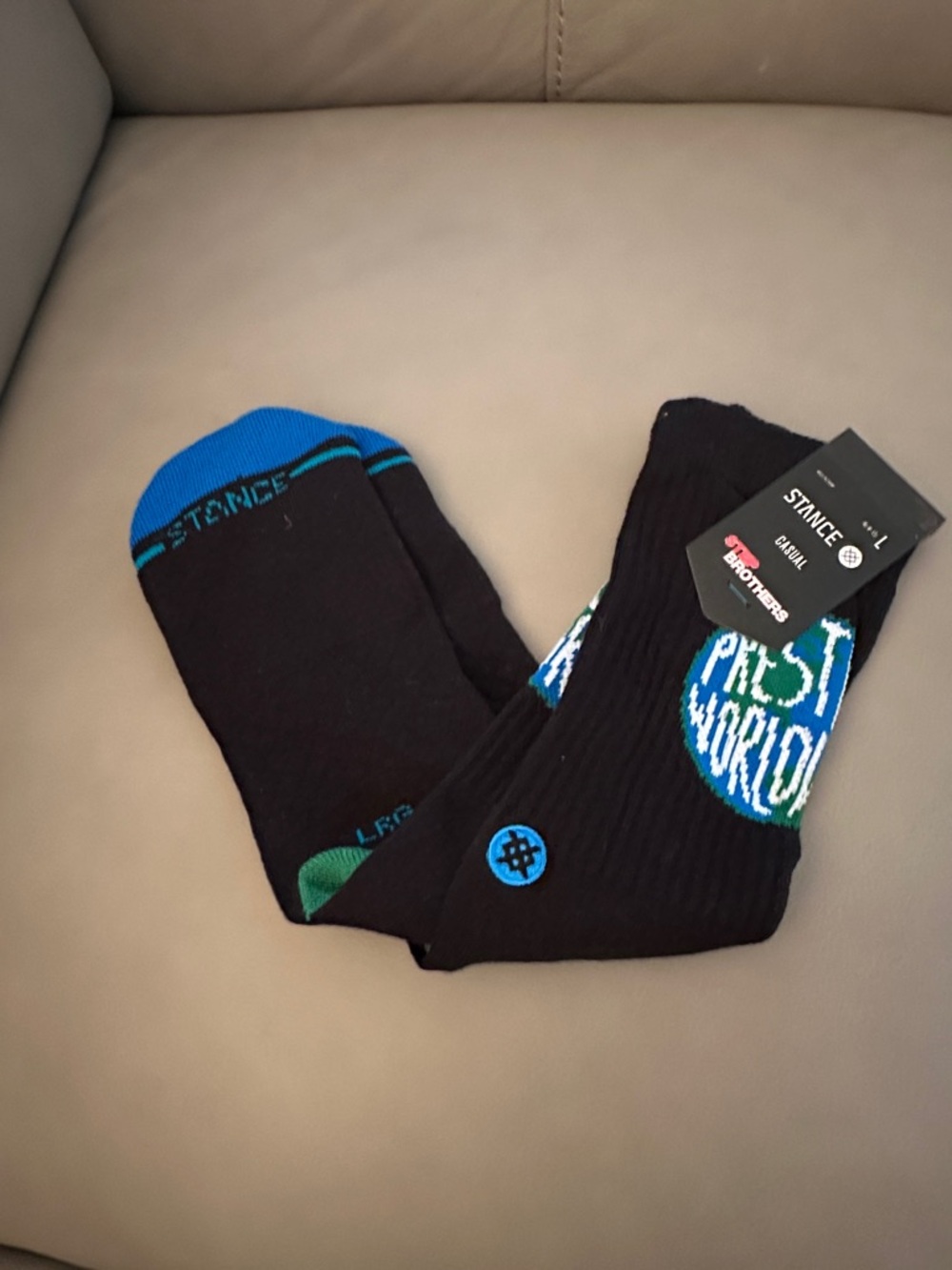 Stance Black Crew Socks with Blue & Green Logo Accents.    (STEP BROTHERS)